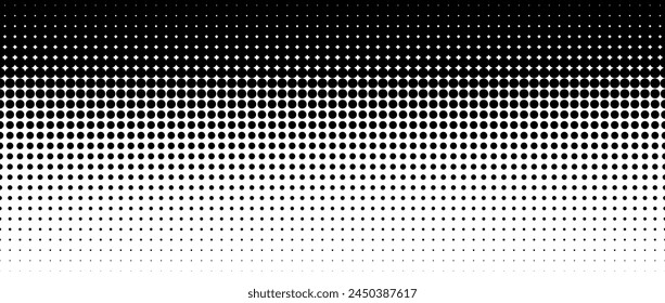 Dotted halftone gradient texture. Vanishing polka dot background. Repeating dots gradation pattern background. Black fading comic pop art overlay backdrop. Raster effect wallpaper. Vector texture
