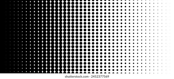 Dotted halftone gradient texture. Vanishing polka dot background. Repeating dots gradation pattern background. Black fading comic pop art overlay backdrop. Halftone raster effect wallpaper. Vector