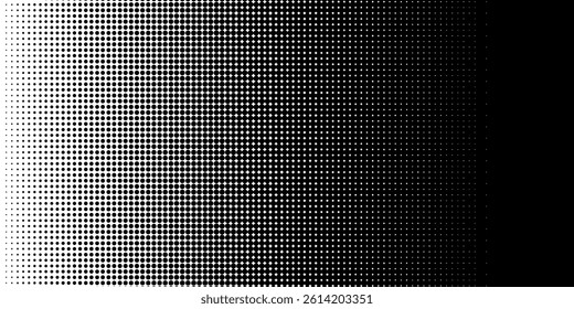 Dotted halftone gradient texture. Vanishing polka dot background. Repeating dots gradation pattern background. Black fading comic pop art overlay backdrop. Raster effect wallpaper