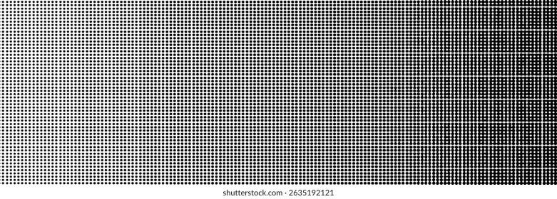 Textura de gradiente de meio-tom pontilhado. Plano de fundo de ponto de polca de fuga. Plano de fundo do padrão de gradação de pontos de repetição. Fundo de sobreposição de arte pop cômica sombreamento preto. Papel de parede de efeito de rasterização. Meio-tom de vetor