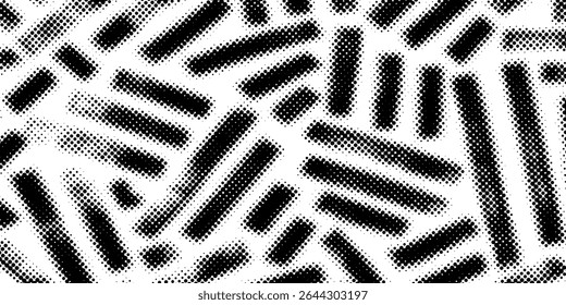 Textura de gradiente de meio-tom pontilhado. Plano de fundo de ponto de polca de fuga. Plano de fundo do padrão de gradação de pontos de repetição. Fundo de sobreposição de arte pop cômica sombreamento preto. Papel de parede de efeito de rasterização. Meio-tom de vetor