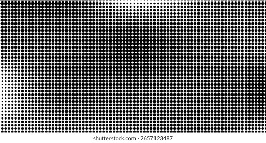 Textura de gradiente de meio-tom pontilhado. Plano de fundo de ponto de polca de fuga. Plano de fundo do padrão de gradação de pontos de repetição. Preto desvanecimento quadrinhos pop art sobreposição pano de fundo. vetor	