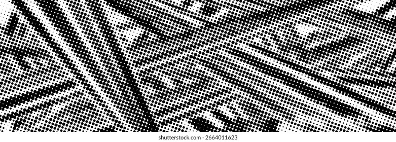 Textura de degradado semitono punteado. Fondo de lunares desapareciendo. Fondo de patrón de gradación de puntos repetitivos. Fondo de superposición de arte pop cómico de desvanecimiento negro. Fondo de pantalla de efecto ráster. Medio tono