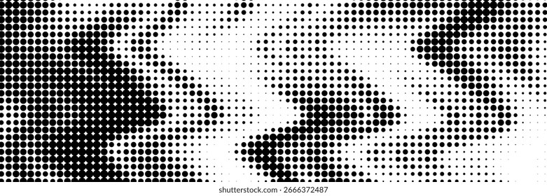 Gradientenstruktur mit gepunktetem Halbton. Verschwindender Polka-Punkt-Hintergrund. Wiederholte Punkte Abstufung Muster Hintergrund. Schwarze verblassende Comic-Pop-Art-Overlay-Hintergrund. Rastereffekt-Bildschirmhintergrund. Vektorgrafik