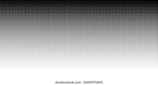 Textura de degradado semitono punteado. Fondo de lunares desapareciendo. Fondo de patrón de gradación de puntos repetitivos. Fondo de superposición de arte pop cómico de desvanecimiento negro. Fondo de pantalla de efecto ráster de semitono. Vector