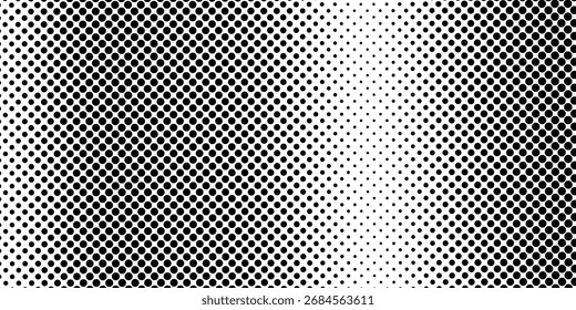 Textura de gradiente de meio-tom pontilhado. Plano de fundo de ponto de polca de fuga. Plano de fundo do padrão de gradação de pontos de repetição. Fundo de sobreposição de arte pop cômica sombreamento preto. Papel de parede de efeito de rasterização. Meio-tom de vetor