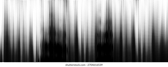 Textura de degradado semitono punteado. Fondo de lunares desapareciendo. Fondo de patrón de gradación de puntos repetitivos. Fondo de superposición de arte pop cómico de desvanecimiento negro. Fondo de pantalla de efecto ráster. semitono de Vector