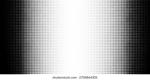 Textura de degradado semitono punteado. Fondo de lunares desapareciendo. Fondo de patrón de gradación de puntos repetitivos. Fondo de superposición de arte pop cómico de desvanecimiento negro.