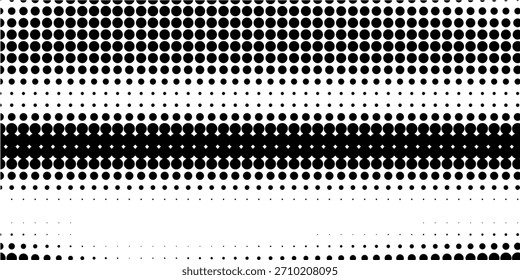 Textura de degradado semitono punteado. Fondo de lunares desapareciendo. Fondo de patrón de gradación de puntos repetitivos. Fondo de superposición de arte pop cómico de desvanecimiento negro. Fondo de pantalla de efecto ráster. semitono de Vector