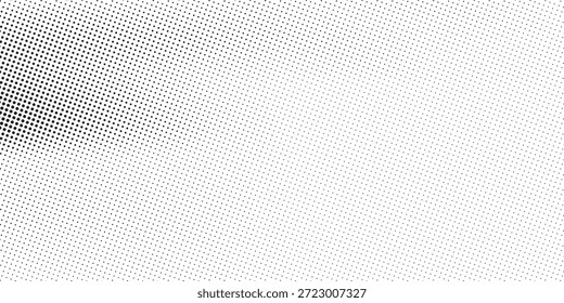 Textura de degradado semitono punteado. Fondo de lunares desapareciendo. Fondo de patrón de gradación de puntos repetitivos. Fondo de superposición de arte pop cómico de desvanecimiento negro. Fondo de pantalla de efecto ráster. semitono de Vector
