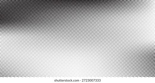 Textura de degradado semitono punteado. Fondo de lunares desapareciendo. Fondo de patrón de gradación de puntos repetitivos. Fondo de superposición de arte pop cómico de desvanecimiento negro. Fondo de pantalla de efecto ráster. semitono de Vector