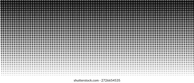 Gradientenstruktur mit gepunktetem Halbton. Verschwindender Polka-Punkt-Hintergrund. Wiederholte Punkte Abstufung Muster Hintergrund. Schwarze verblassende Comic-Pop-Art-Overlay-Hintergrund. Rastereffekt-Bildschirmhintergrund. Vektorgrafik