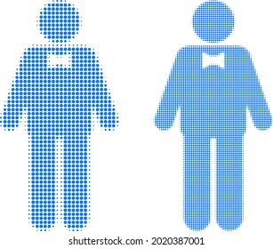 Dotted halftone groom icon. Vector halftone collage of groom icon created of spheric items.