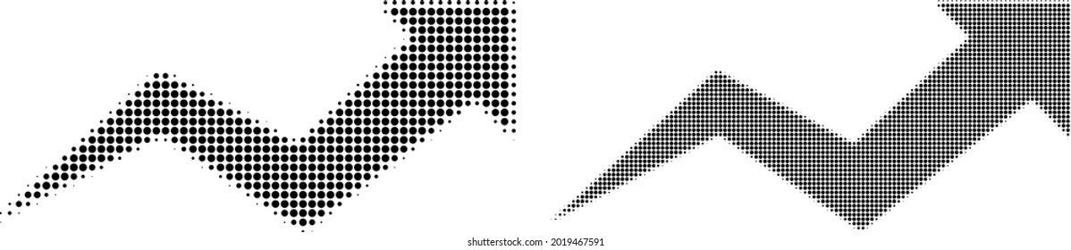 Dotted halftone growing arrow chart icon. Vector halftone collage of growing arrow chart icon formed of circle points.