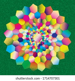 Patrón o textura de color de espiral vectorial de semitonos con puntos. Fondos de puntos rígidos con hexágonos