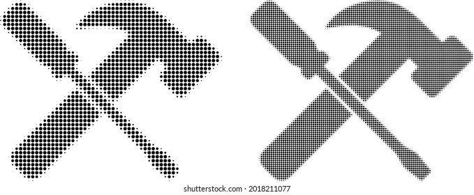Icono de martillo y destornillador de tono medio. Collage vectorial de medio tono de martillo y destornillador pictograma organizado de puntos esféricos.