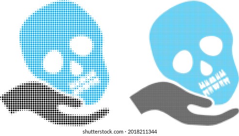 Dotted halftone hand holds skull icon. Vector halftone mosaic of hand holds skull icon designed of spheric elements.