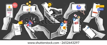 Dotted halftone hand sticker holding mobile phone or smartphone with ecommerce business investment icon. Grunge torn newspaper cutout collage of finger touch, social media and online shopping symbol.