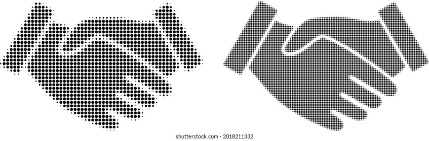 Dotted halftone hand take icon. Vector halftone mosaic of hand take icon done of round pixels.