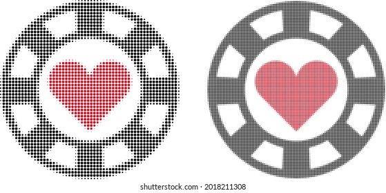 Dotted halftone hearts casino chip icon. Vector halftone pattern of hearts casino chip icon combined of circle points.