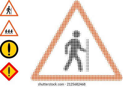 Icono de advertencia de caminatas de medio tono con puntos e iconos originales. Collage de medio tono vectorial del icono de advertencia de caminatas organizado de puntos redondos.
