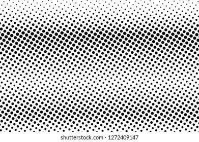 Dotted halftone with horizontal gradient. Black white halftone vector texture. Vintage effect graphic decor. Retro dotted overlay. Monochrome halftone background or foreground. Perforated surface