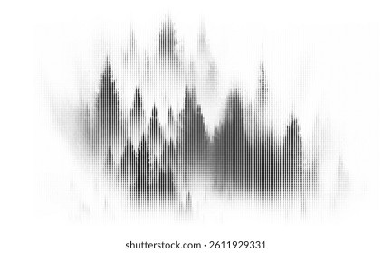Dotted halftone landscape with trees and hills – screen vector illustration in black and white.
