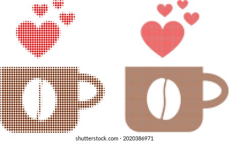 Dotted halftone love coffee cup icon. Vector halftone composition of love coffee cup icon combined of spheric elements.