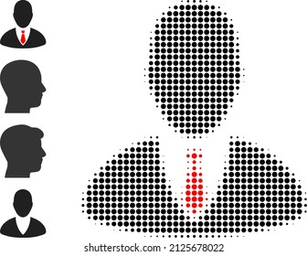Dotted halftone manager icon, and additional icons. Vector halftone composition of manager icon composed with circle items.