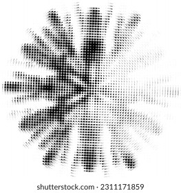 Dotted halftone mandala with traces of rotation. Lightening the right sector for text overlay.  Clockwise rotation. Vector.
