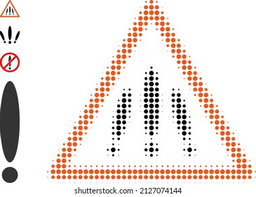 Dotted halftone multiple danger sign icon, and other icons. Vector halftone pattern of multiple danger sign icon created of circle points.