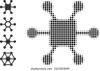 Dotted halftone nodes hub icon, and other icons. Vector halftone collage of nodes hub pictogram created of round pixels.