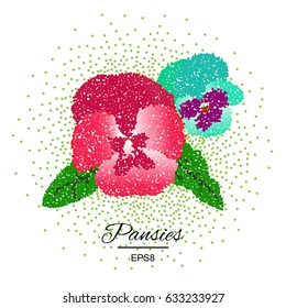 Dotted Halftone Pansies Flower. Vector Summer Design in Pointillism Style