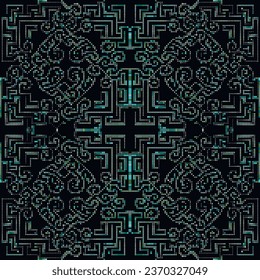 Dotted halftone pixel squares mosaic tribal ethnic seamless pattern. Half tone squares vector background. Modern digital dots squares mosaic ornaments. Endless texture. Repeat ornate trendy backdrop.