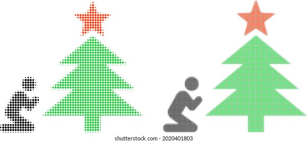 Dotted halftone pray to christmas tree icon. Vector halftone concept of pray to christmas tree icon constructed of spheric dots.