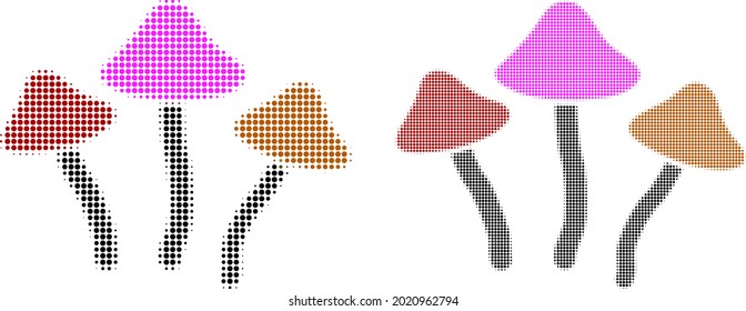 Dotted halftone psychedelic mushrooms icon. Vector halftone composition of psychedelic mushrooms icon designed of round pixels.
