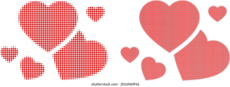 Dotted halftone romantic hearts icon. Vector halftone pattern of romantic hearts icon organized with round items.