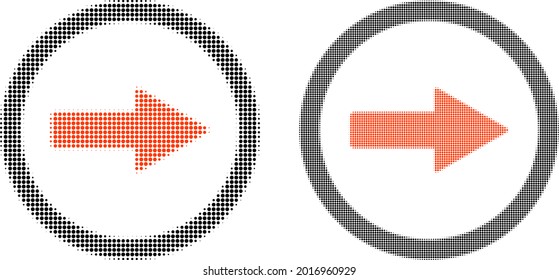 Dotted halftone rounded right arrow icon. Vector halftone collage of rounded right arrow icon done of spheric items.