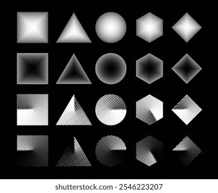 Conjunto de meio-tom pontilhado de formas geométricas. ilustrações básicas do vetor de polígono. símbolos gráficos tridimensionais triangulares, quadrados, pentágonos e hexágonos no plano de fundo preto.