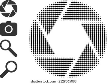 Dotted halftone shutter icon, and other icons. Vector halftone composition of shutter icon constructed of round points.