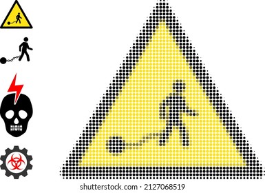 Icono de peligro de esclavo de medio tono y iconos adicionales. Collage de medio tono vectorial del icono de peligro esclavo hecho de puntos redondos.