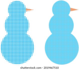 Icono del hombre de nieve de medio tono. Mosaico vectorial de medio tono del icono del hombre de nieve hecho de píxeles de círculo.