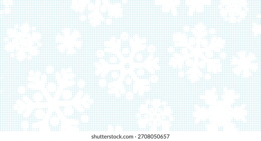 Dotted halftone snowflake background, winter snow season retro grunge texture vintage magazine style. Monochrome collage element for mixed media design Christmas new year decoration pop art. Vector