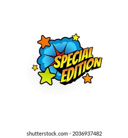 Dotted Halftone Sticker Boom Bang Burst Explosion, Comic Book Special Edition Label. Vector Limited Edition Of Magazine, Newspaper Or Dictionary, Encyclopedia.Creative Editable Print, Sticker Card