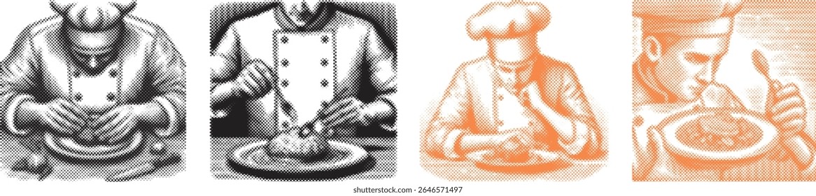 Dotado meio-tom stipple pacote de chef admirando prato gourmet preparado, vintage gravura estilo ilustração definido para culinária, cozinha, design de vetor com tema de restaurante