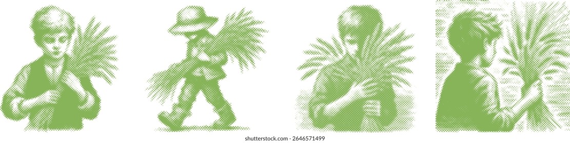 Dotted halftone stipple bundle of green engraving style illustration showing a boy holding a bunch of grass in hand, vintage textured print, retro nature-inspired vector art