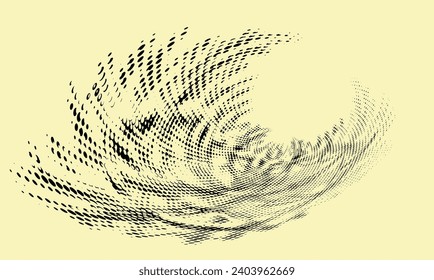 A dotted halftone swirl border or logo with the right side highlighted and space for copy paste. Black silhouette of dots and globules. Vector.