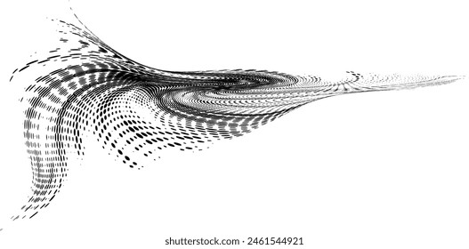 Gepunktetes Halbtonwirbel mit Glitch-Effekt an den Extremitäten. Für Rahmen, Kanten, Marken. Vektorgrafik.