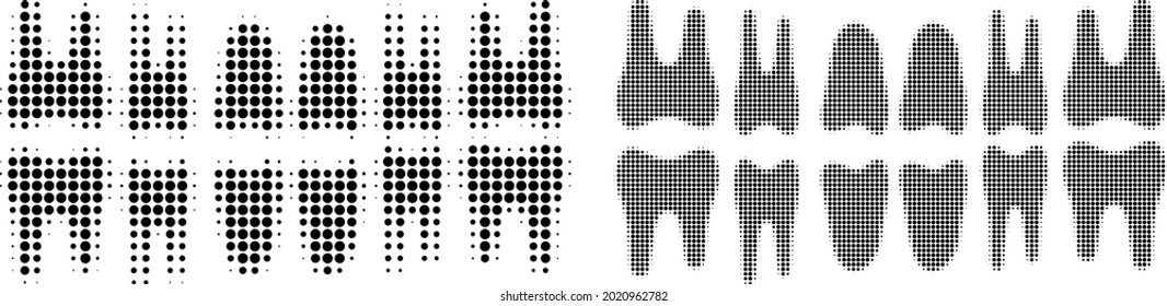 Dotted halftone teeth jaw icon. Vector halftone pattern of teeth jaw icon designed of round elements.