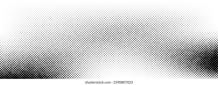 Dotted halftone texture background. Black and white pop art gradient overlay. Faded grunge grit noise wallpaper. Weathered pixelated comic backdrop. Vector bitmap subtle vanishing surface